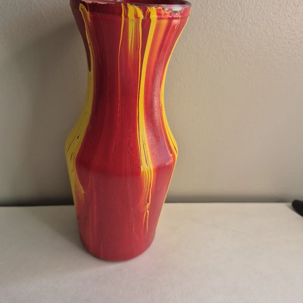 Floral Arrangement in Red and Yellow Vase Hand Poured